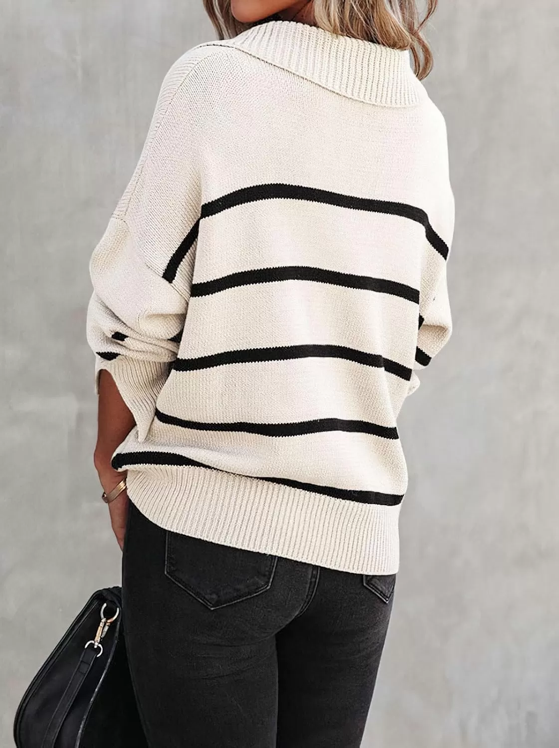 imagechouyatou Womens Fall Casual VNEC Striped Sweater Loose Fit Polo Collared Knit Sweater Jumper TopBeige