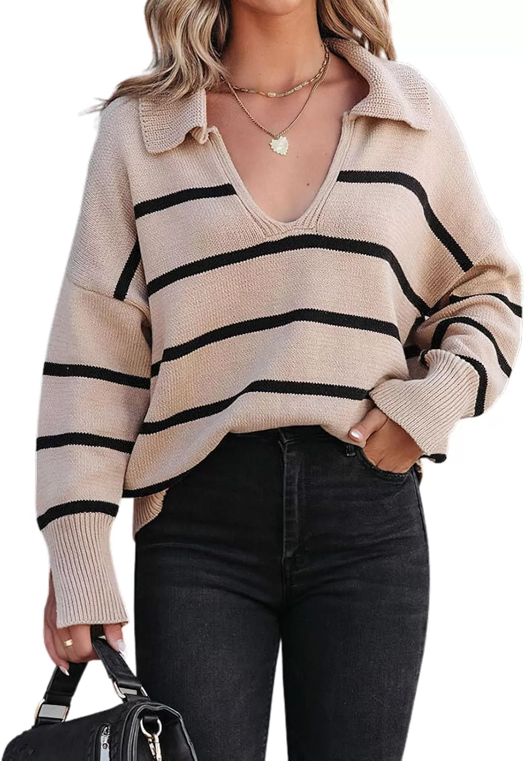imagechouyatou Womens Fall Casual VNEC Striped Sweater Loose Fit Polo Collared Knit Sweater Jumper TopKhaki