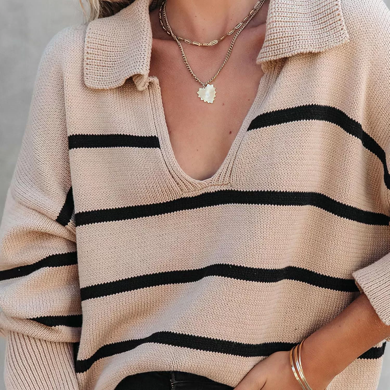 imagechouyatou Womens Fall Casual VNEC Striped Sweater Loose Fit Polo Collared Knit Sweater Jumper TopKhaki