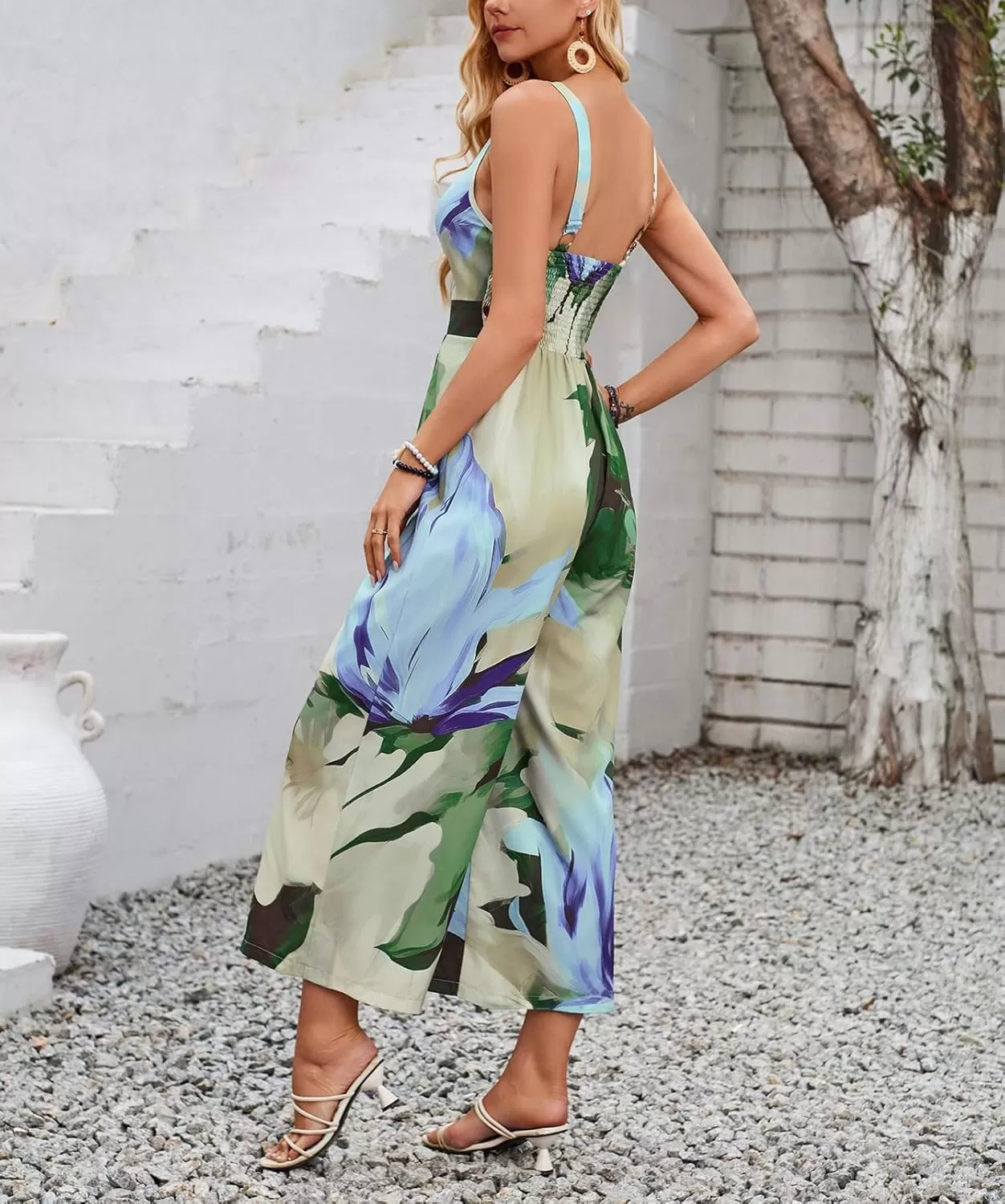 imagechouyatou Womens Floral Print Wide Leg Smocked Jumpsuit Spaghetti Strap Cut Out Romper Overall PantsBlue Green