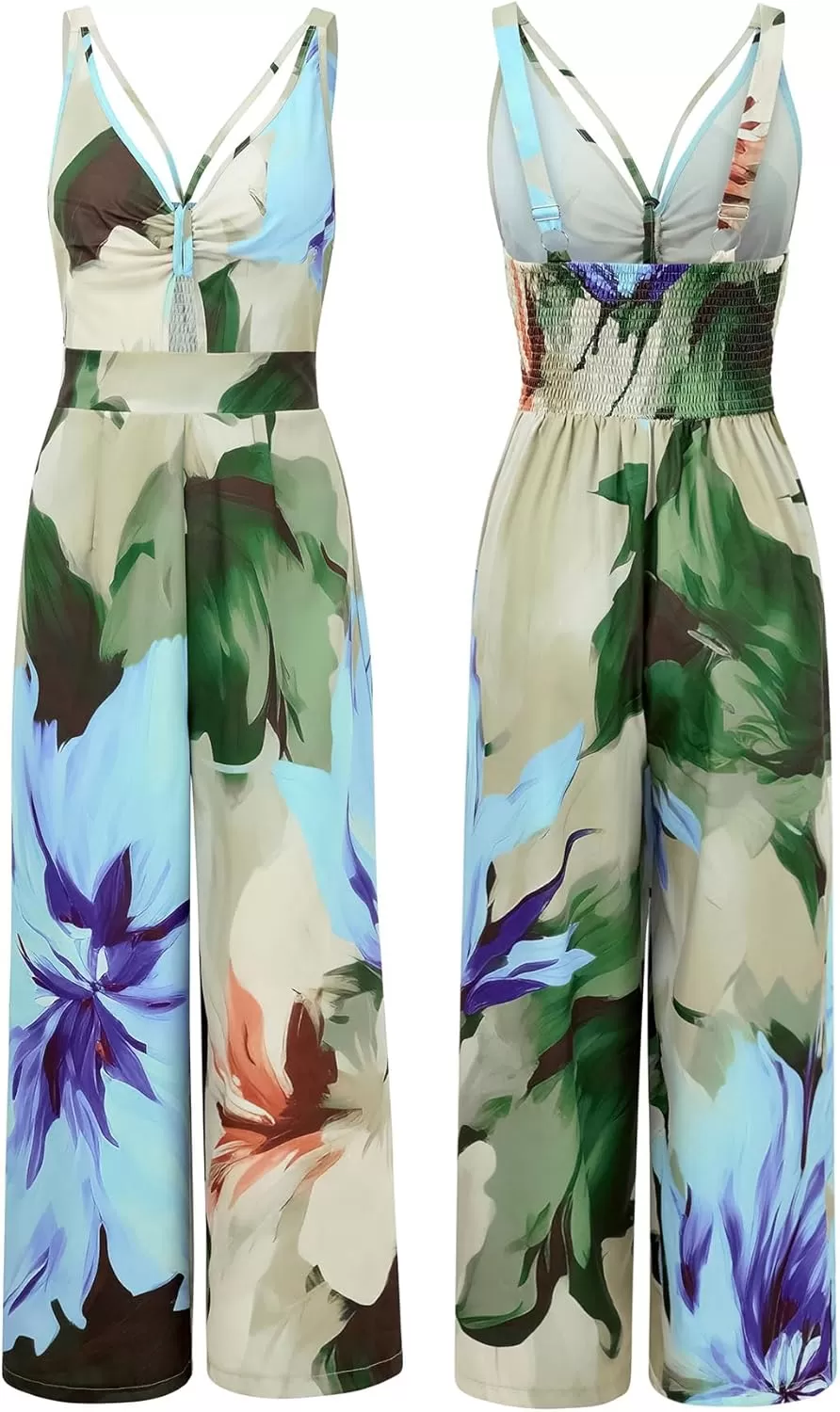 imagechouyatou Womens Floral Print Wide Leg Smocked Jumpsuit Spaghetti Strap Cut Out Romper Overall PantsBlue Green