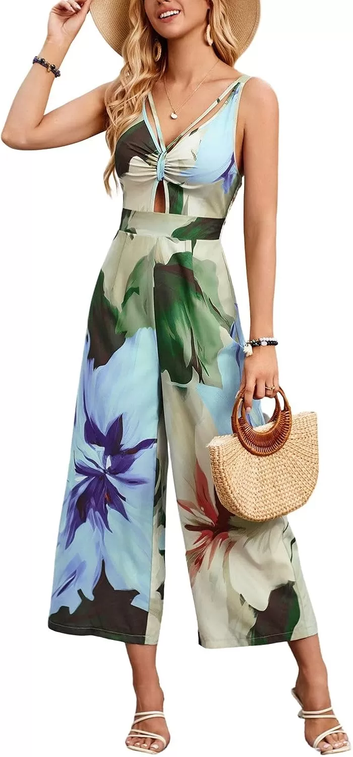imagechouyatou Womens Floral Print Wide Leg Smocked Jumpsuit Spaghetti Strap Cut Out Romper Overall PantsBlue Green
