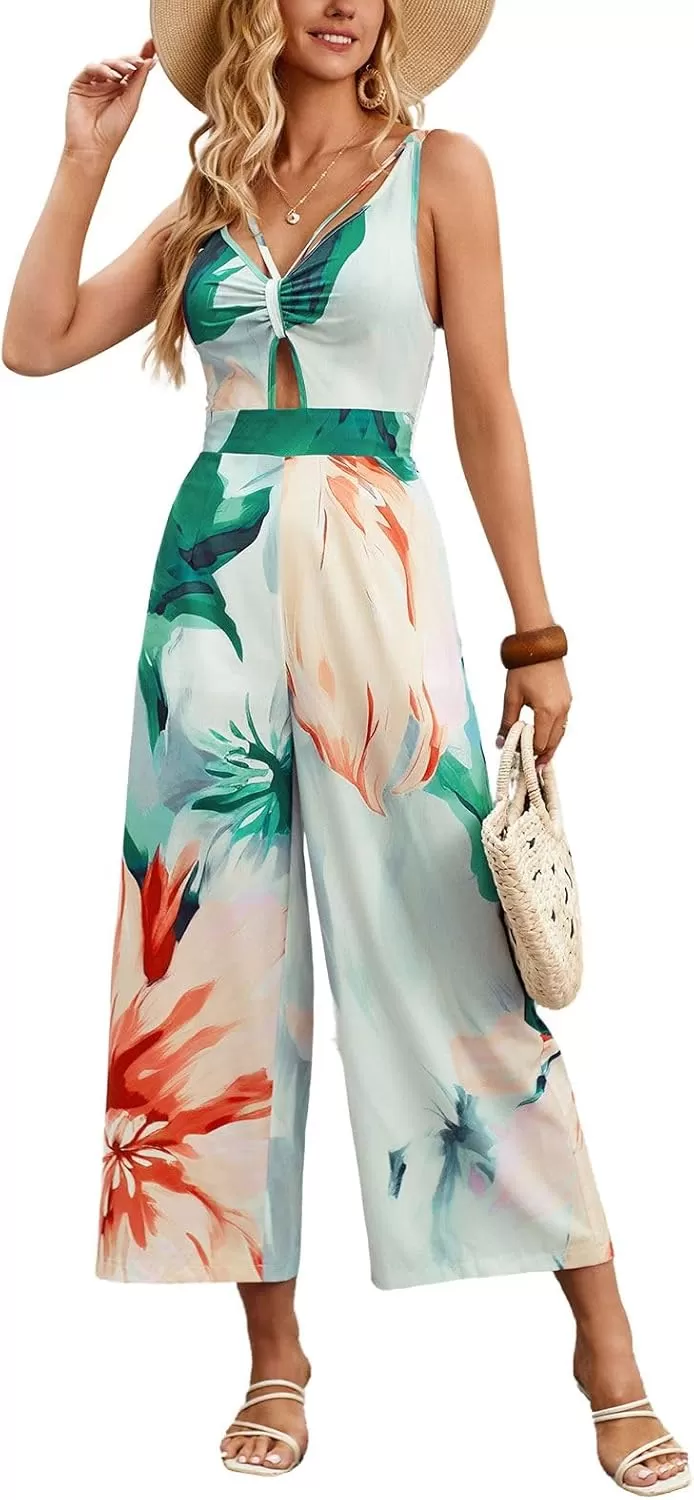 imagechouyatou Womens Floral Print Wide Leg Smocked Jumpsuit Spaghetti Strap Cut Out Romper Overall PantsOrange Green