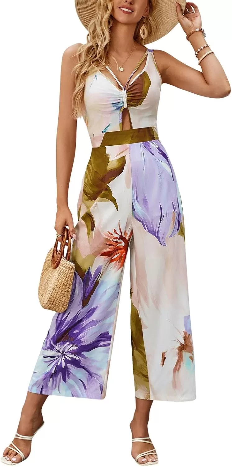 imagechouyatou Womens Floral Print Wide Leg Smocked Jumpsuit Spaghetti Strap Cut Out Romper Overall PantsPurple