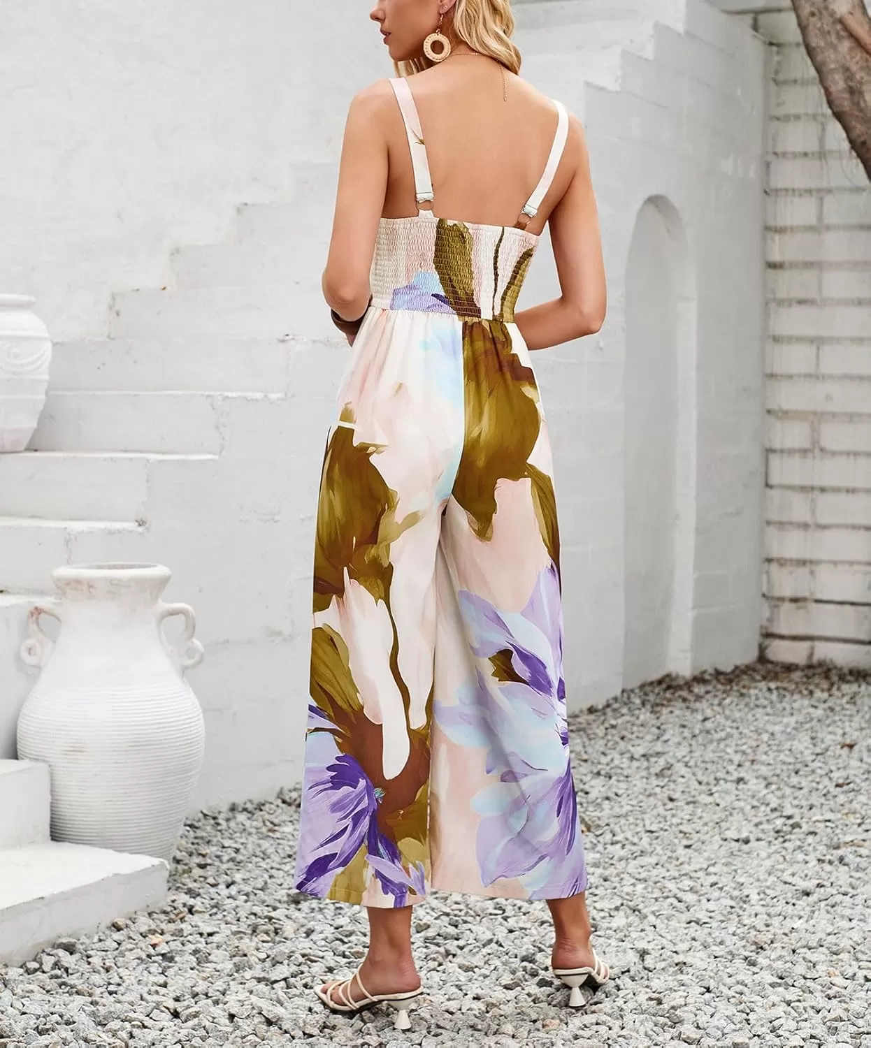 imagechouyatou Womens Floral Print Wide Leg Smocked Jumpsuit Spaghetti Strap Cut Out Romper Overall PantsPurple