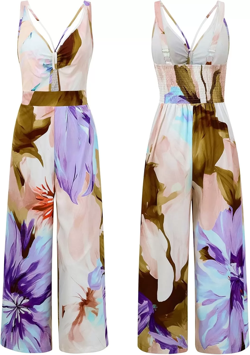imagechouyatou Womens Floral Print Wide Leg Smocked Jumpsuit Spaghetti Strap Cut Out Romper Overall PantsPurple