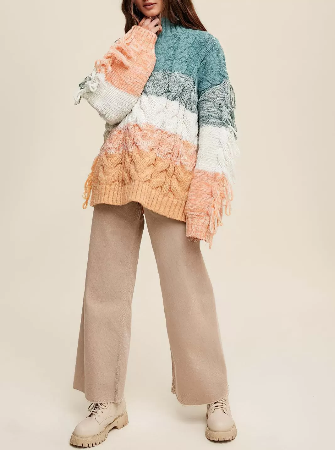 imagechouyatou Womens Oversized Color Block Striped Tassels Fringe Cable Knit Pullover Sweater Jumper TopGreen