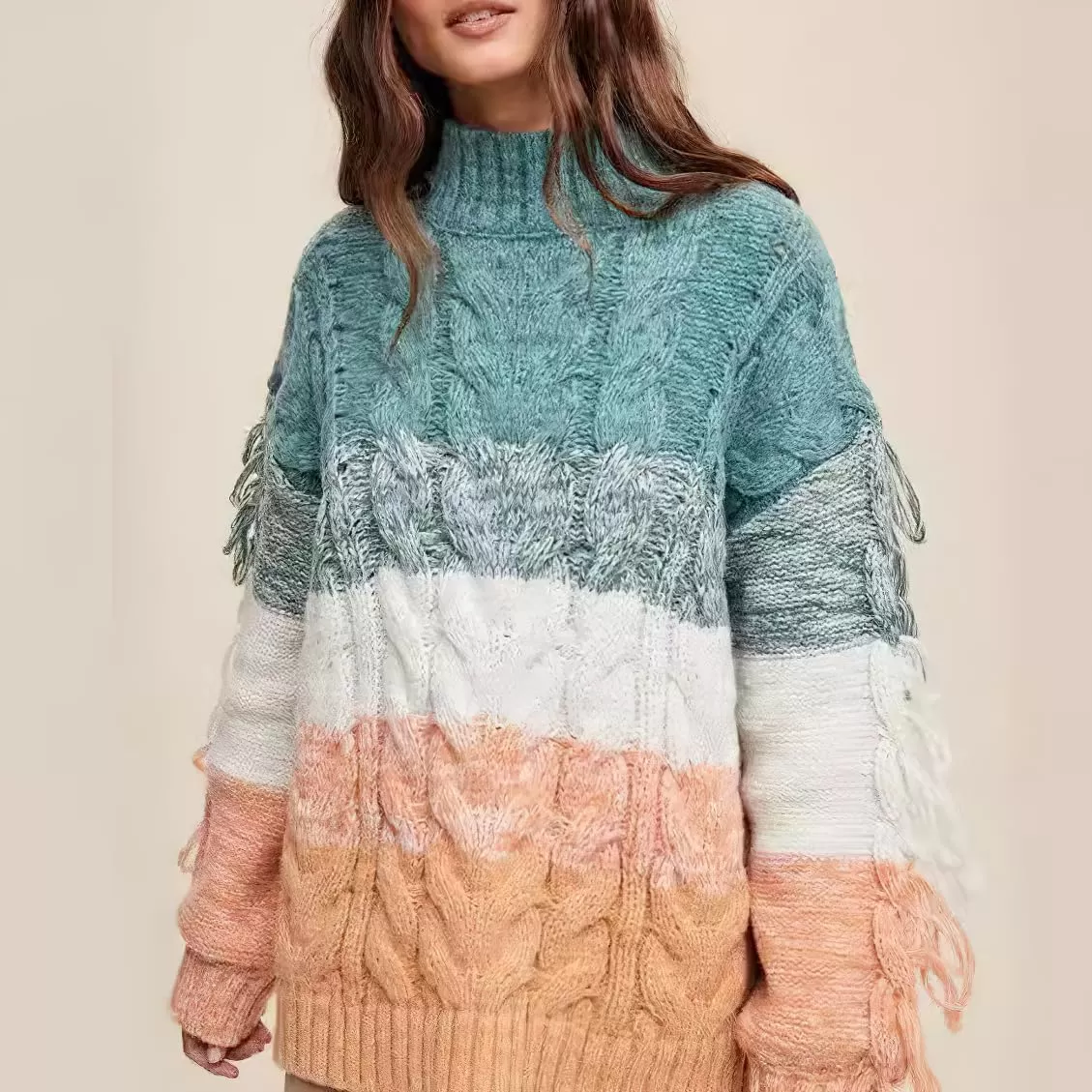 imagechouyatou Womens Oversized Color Block Striped Tassels Fringe Cable Knit Pullover Sweater Jumper TopGreen