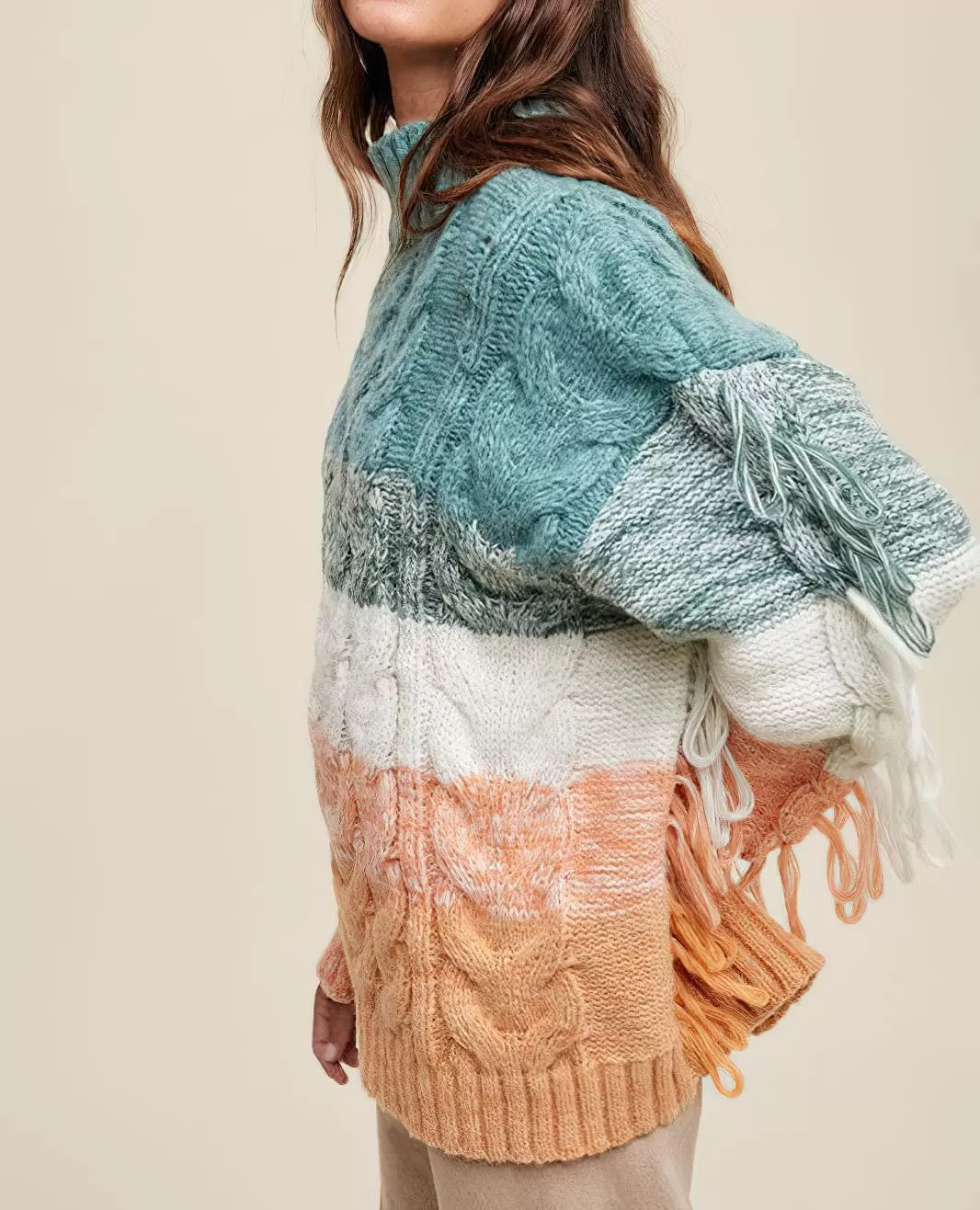 imagechouyatou Womens Oversized Color Block Striped Tassels Fringe Cable Knit Pullover Sweater Jumper TopGreen