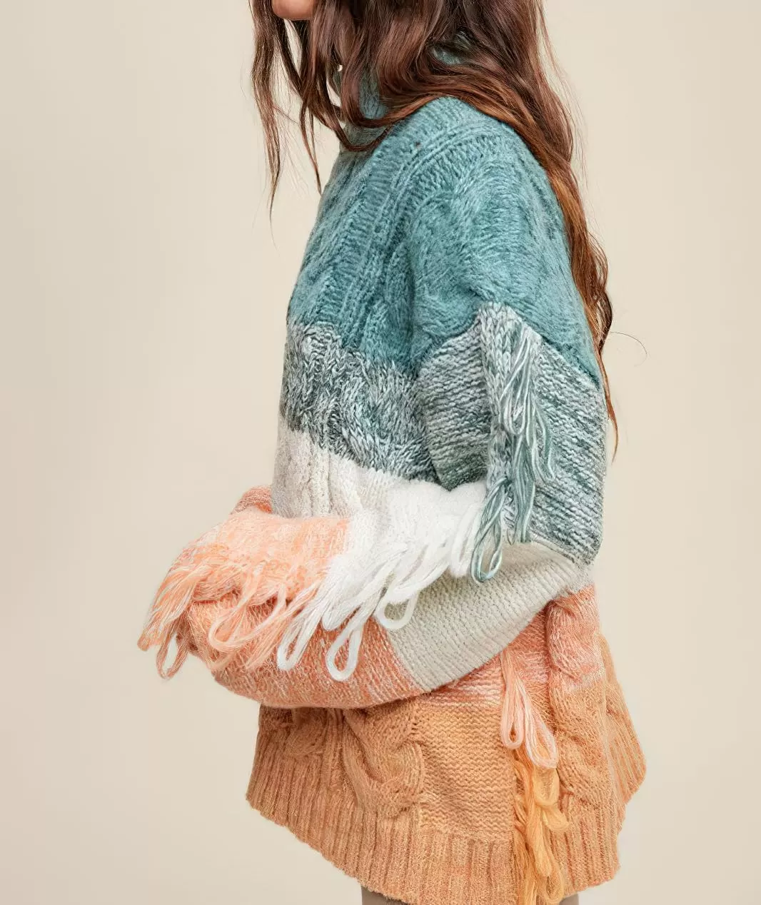 imagechouyatou Womens Oversized Color Block Striped Tassels Fringe Cable Knit Pullover Sweater Jumper TopGreen