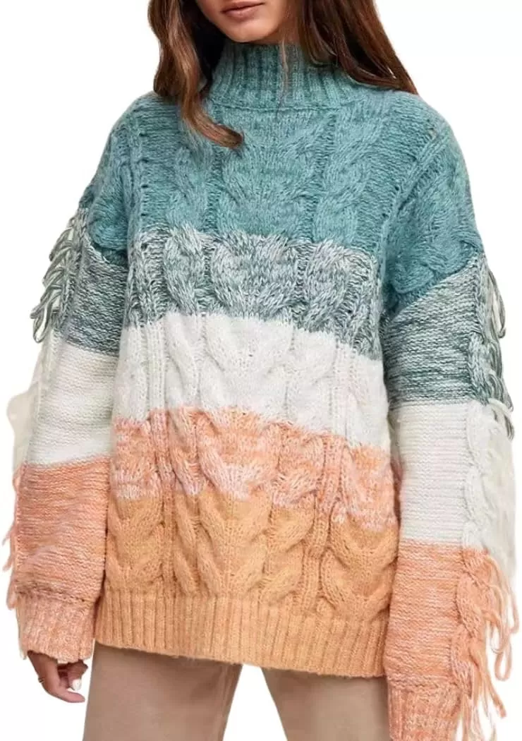 imagechouyatou Womens Oversized Color Block Striped Tassels Fringe Cable Knit Pullover Sweater Jumper TopGreen