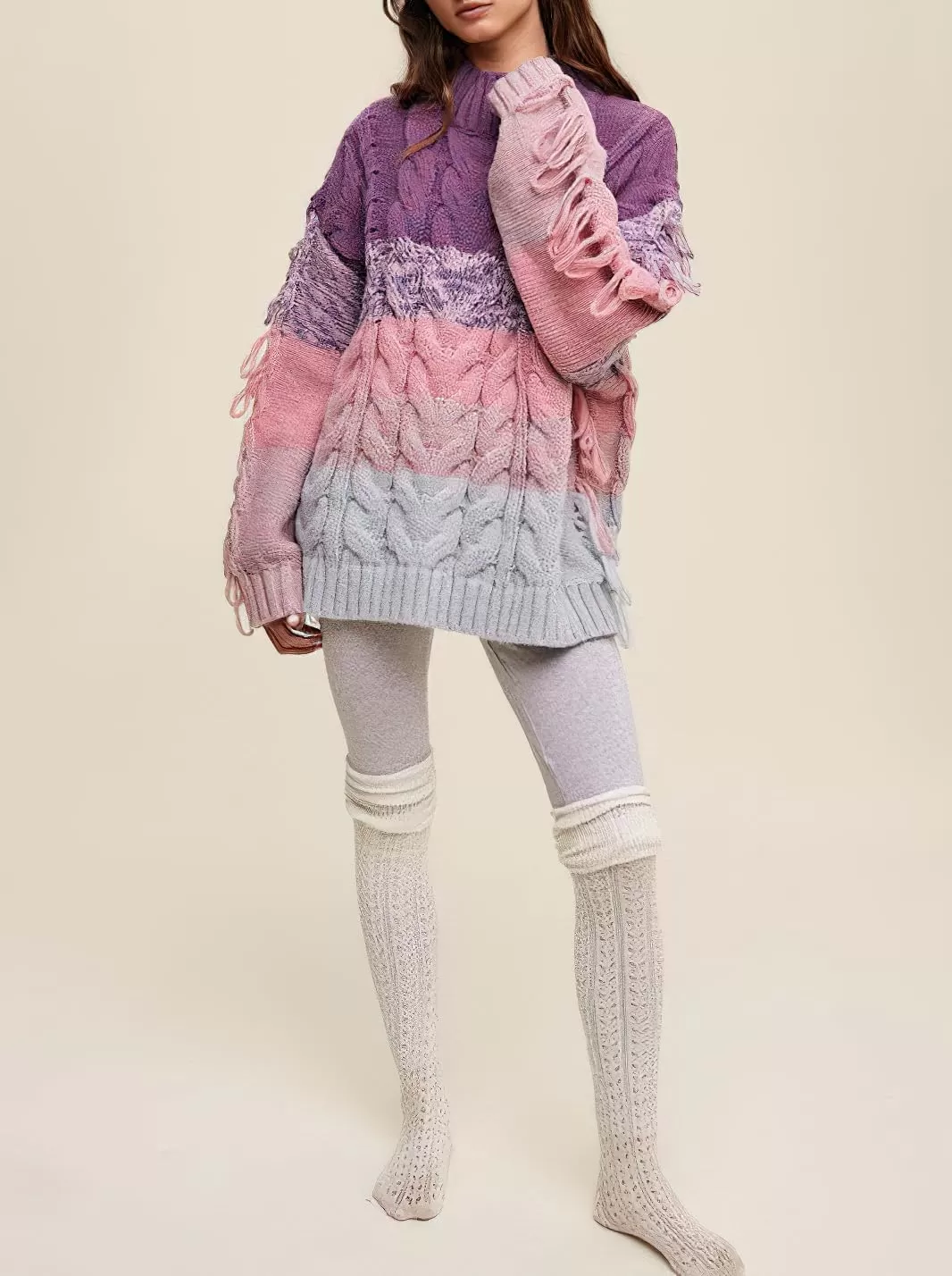 imagechouyatou Womens Oversized Color Block Striped Tassels Fringe Cable Knit Pullover Sweater Jumper TopPurple
