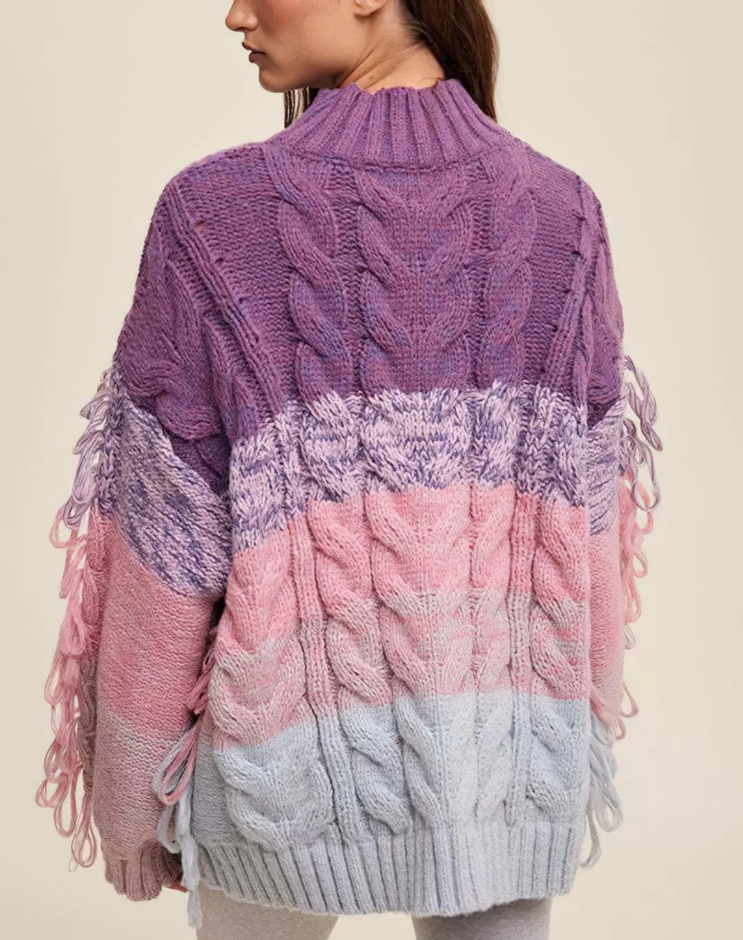 imagechouyatou Womens Oversized Color Block Striped Tassels Fringe Cable Knit Pullover Sweater Jumper TopPurple