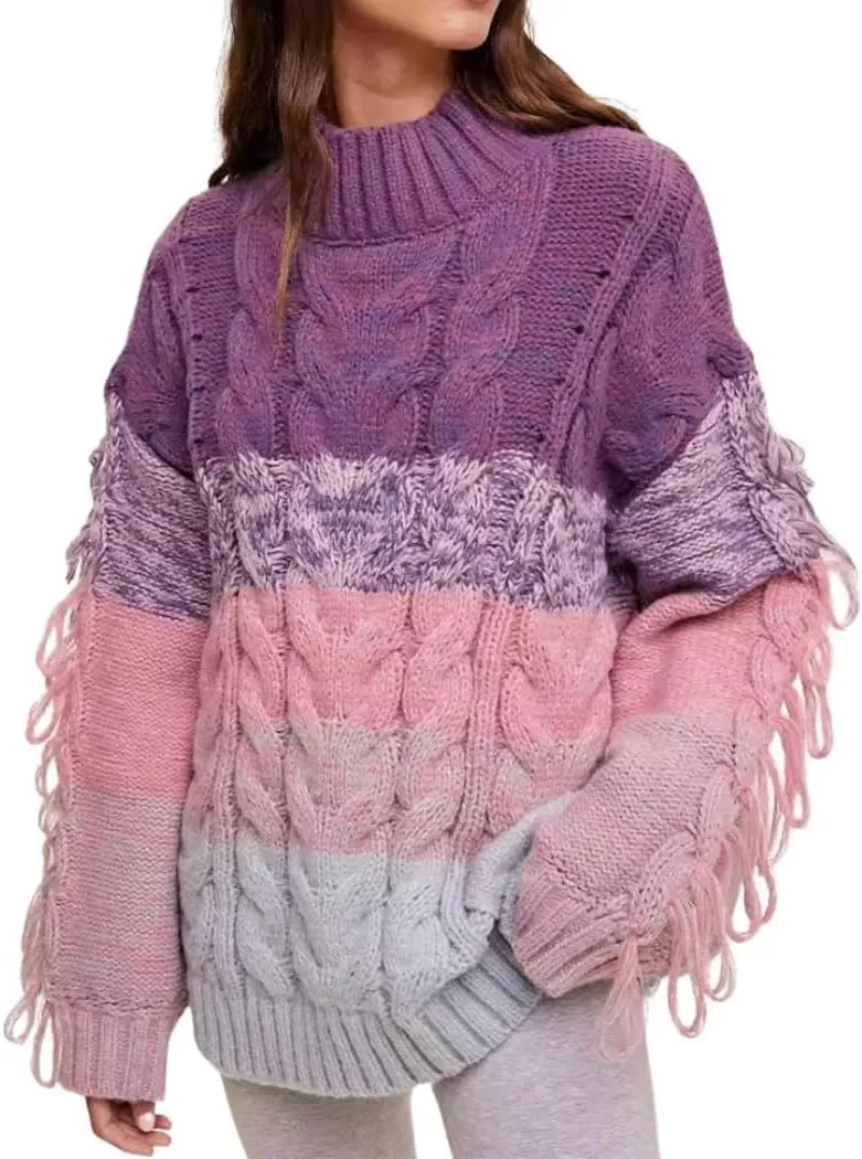 imagechouyatou Womens Oversized Color Block Striped Tassels Fringe Cable Knit Pullover Sweater Jumper TopPurple