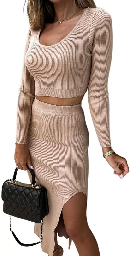 imagechouyatou Womens Sexy Bodycon Ribbed Knit Sweater Sets Crop Top and High Slit Skirt Sets 2 Piece OutfitsApricot