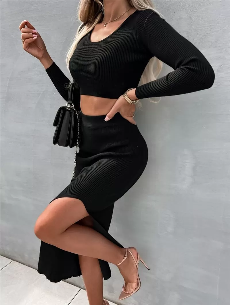imagechouyatou Womens Sexy Bodycon Ribbed Knit Sweater Sets Crop Top and High Slit Skirt Sets 2 Piece OutfitsBlack