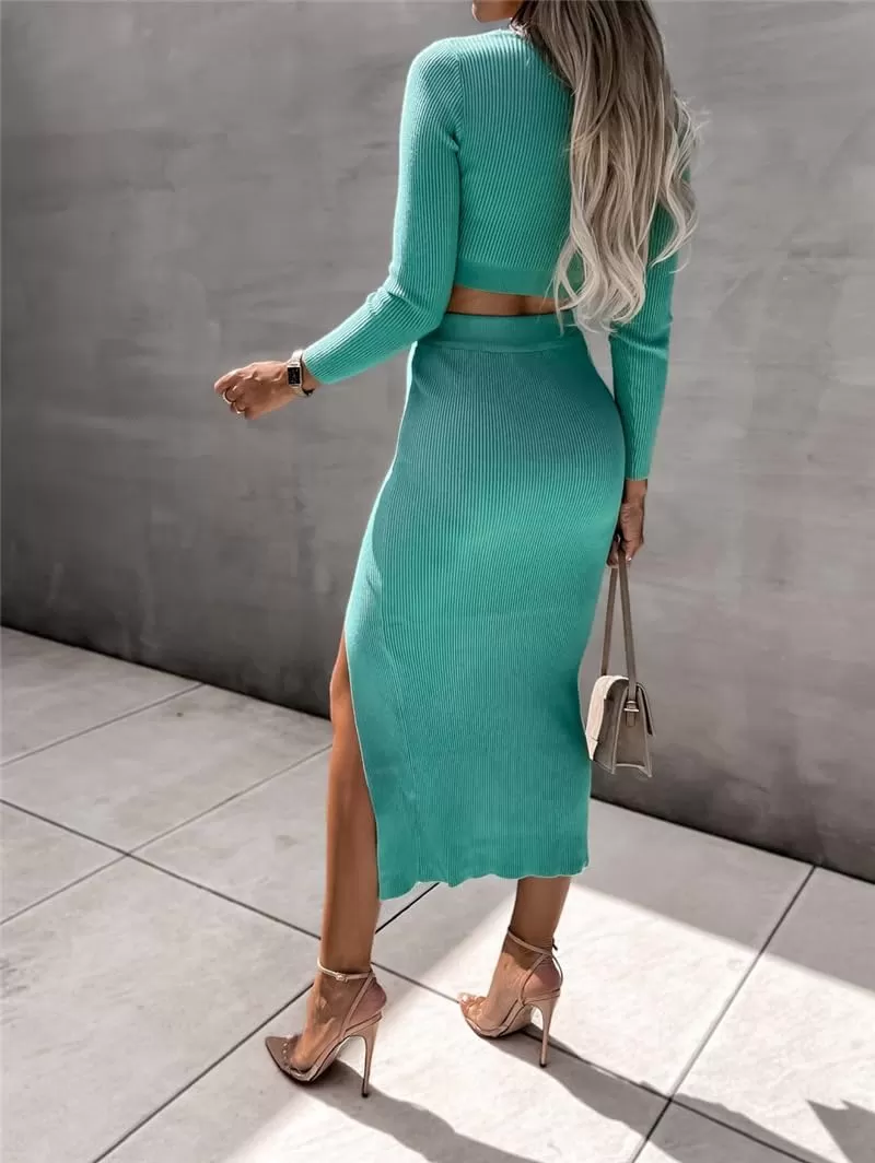 imagechouyatou Womens Sexy Bodycon Ribbed Knit Sweater Sets Crop Top and High Slit Skirt Sets 2 Piece OutfitsLake Blue