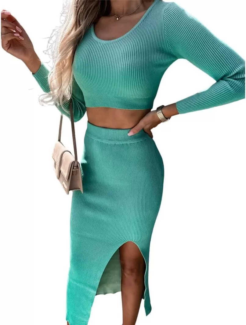 imagechouyatou Womens Sexy Bodycon Ribbed Knit Sweater Sets Crop Top and High Slit Skirt Sets 2 Piece OutfitsLake Blue