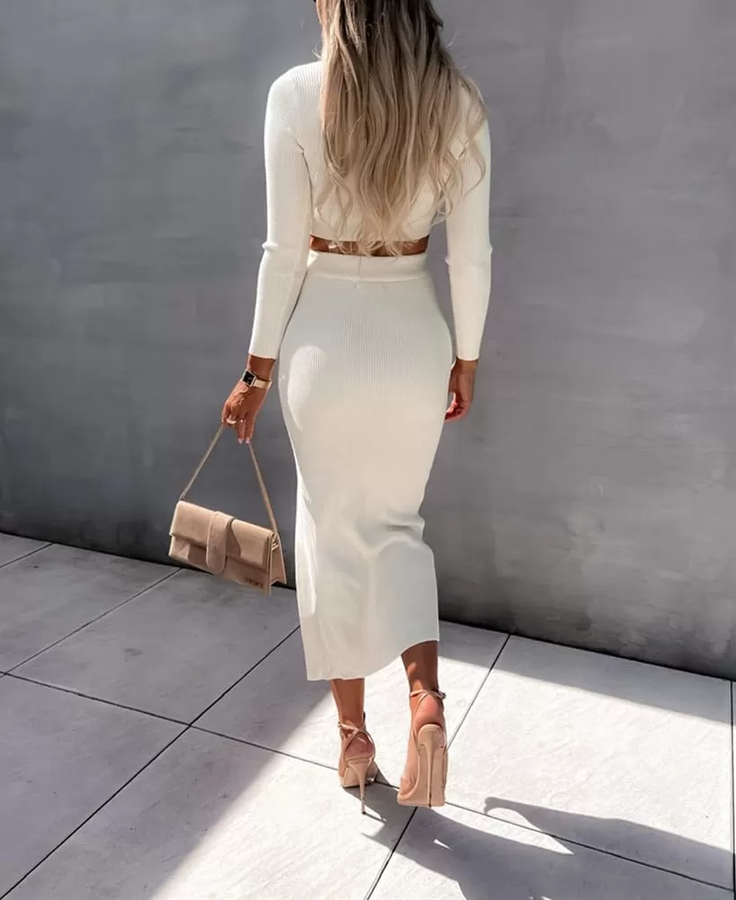 imagechouyatou Womens Sexy Bodycon Ribbed Knit Sweater Sets Crop Top and High Slit Skirt Sets 2 Piece OutfitsWhite