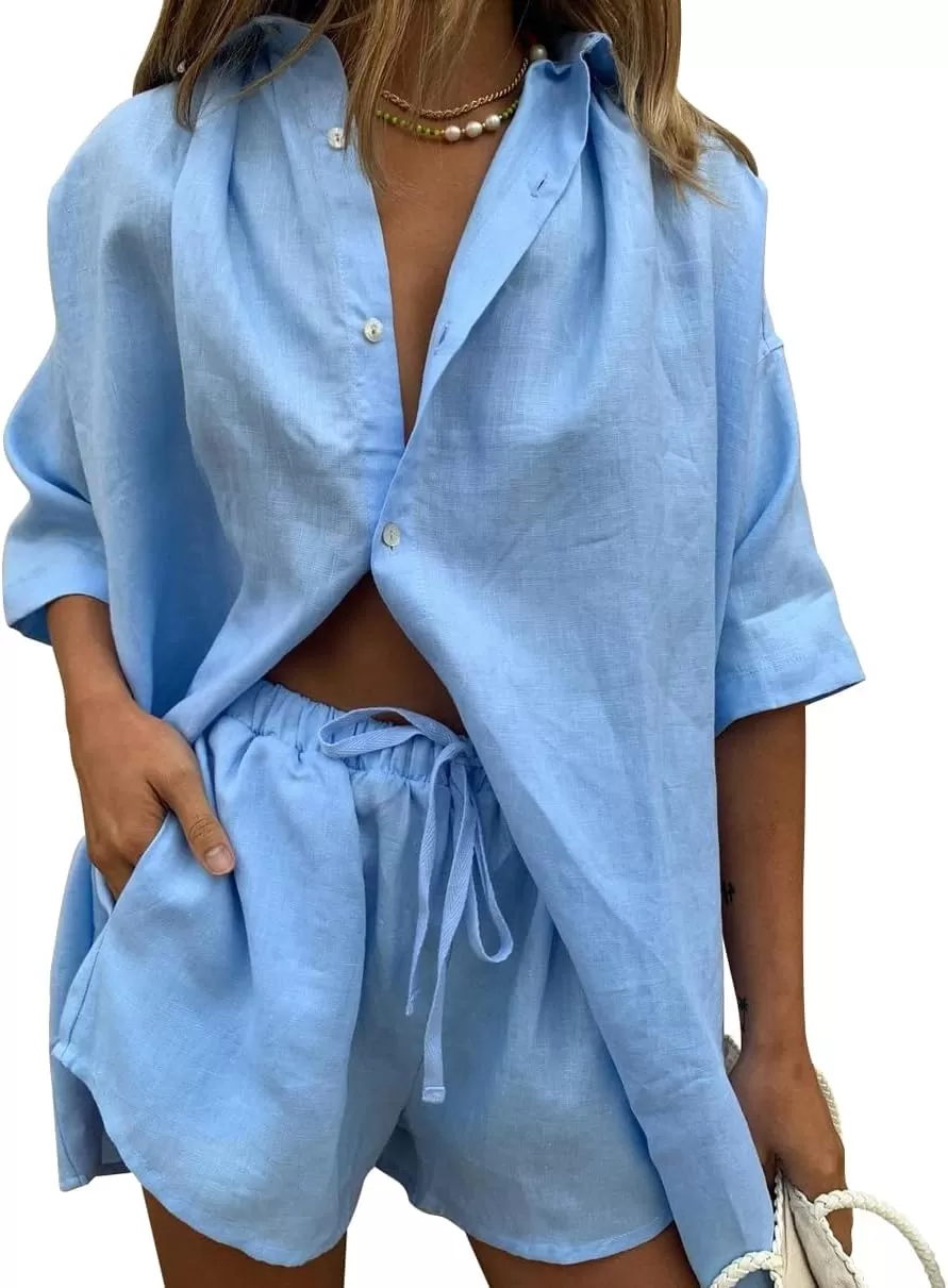 imagechouyatou Womens Summer 2 Piece Outfits Oversized Short Sleeve Shirt and Shorts SetsBlue