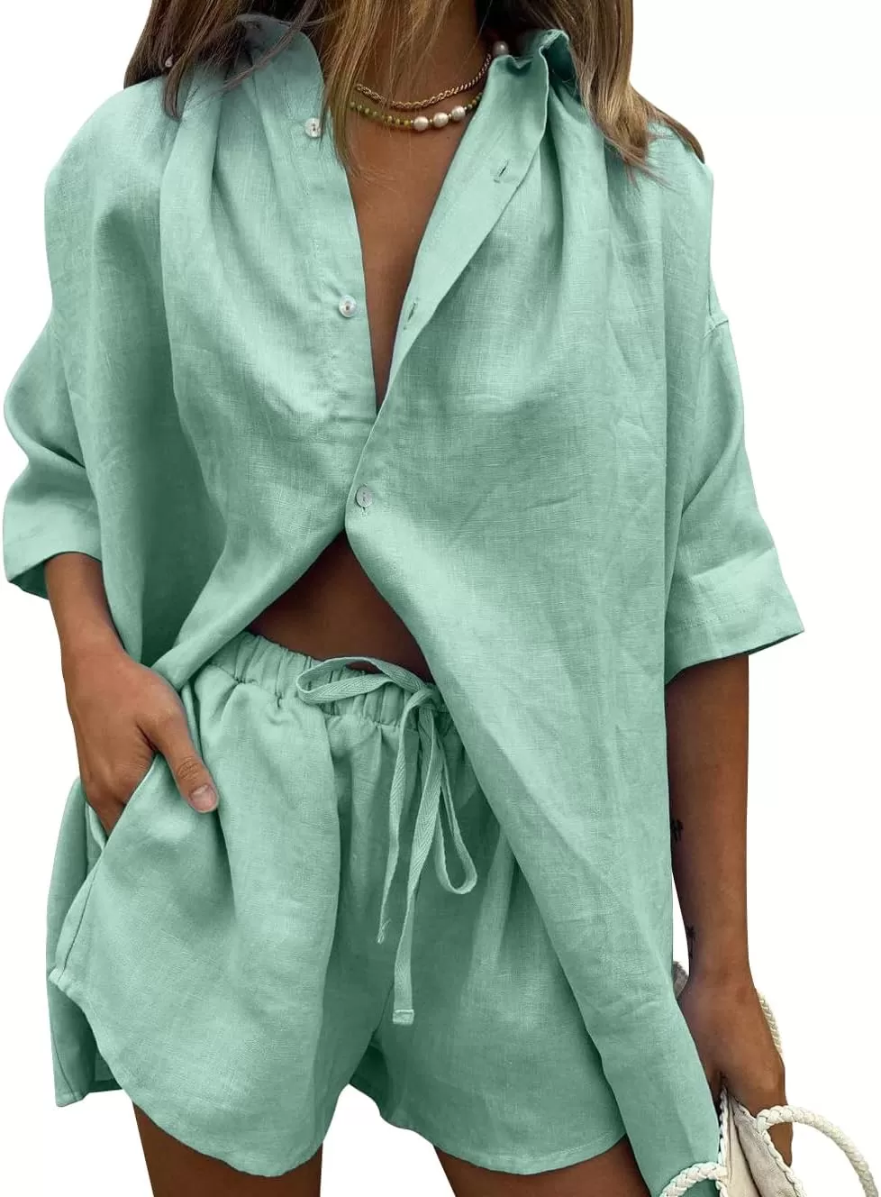 imagechouyatou Womens Summer 2 Piece Outfits Oversized Short Sleeve Shirt and Shorts SetsGreen
