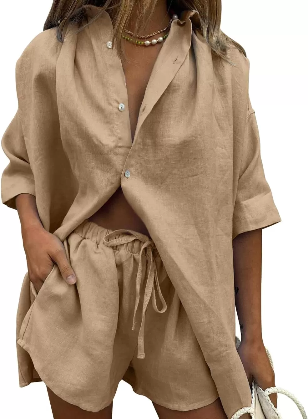 imagechouyatou Womens Summer 2 Piece Outfits Oversized Short Sleeve Shirt and Shorts SetsKhaki