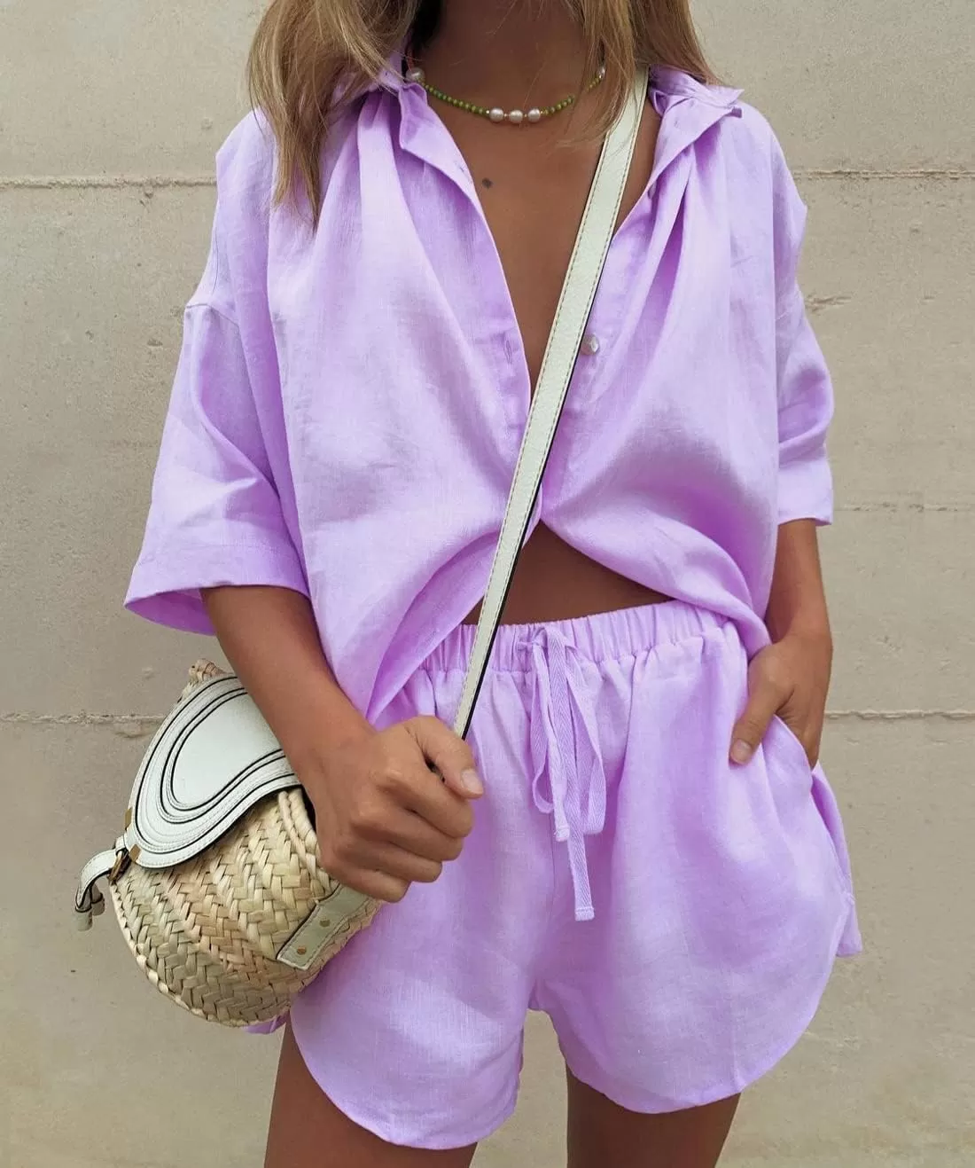 imagechouyatou Womens Summer 2 Piece Outfits Oversized Short Sleeve Shirt and Shorts SetsPurple