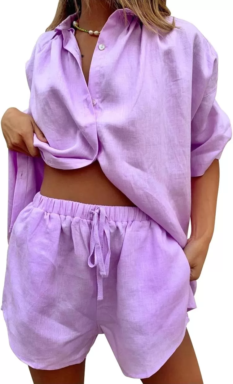 imagechouyatou Womens Summer 2 Piece Outfits Oversized Short Sleeve Shirt and Shorts SetsPurple