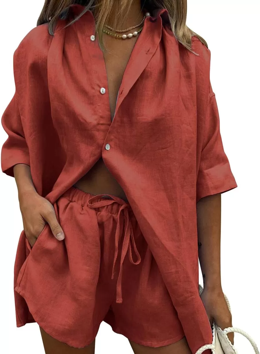 imagechouyatou Womens Summer 2 Piece Outfits Oversized Short Sleeve Shirt and Shorts SetsRed