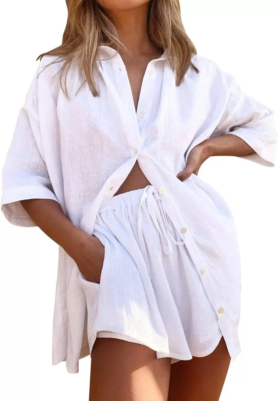 imagechouyatou Womens Summer 2 Piece Outfits Oversized Short Sleeve Shirt and Shorts SetsWhite