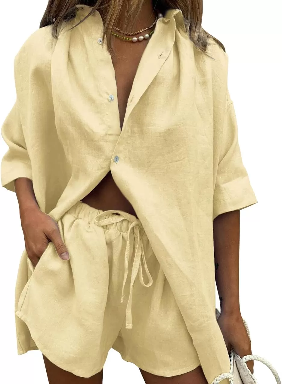 imagechouyatou Womens Summer 2 Piece Outfits Oversized Short Sleeve Shirt and Shorts SetsYellow