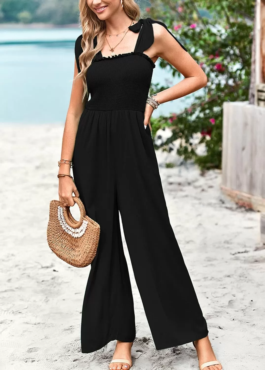 imagechouyatou Womens Summer Casual Sleeveless High Waist Jumpsuits Tie Shoulder Smoked Overall RompersBlack