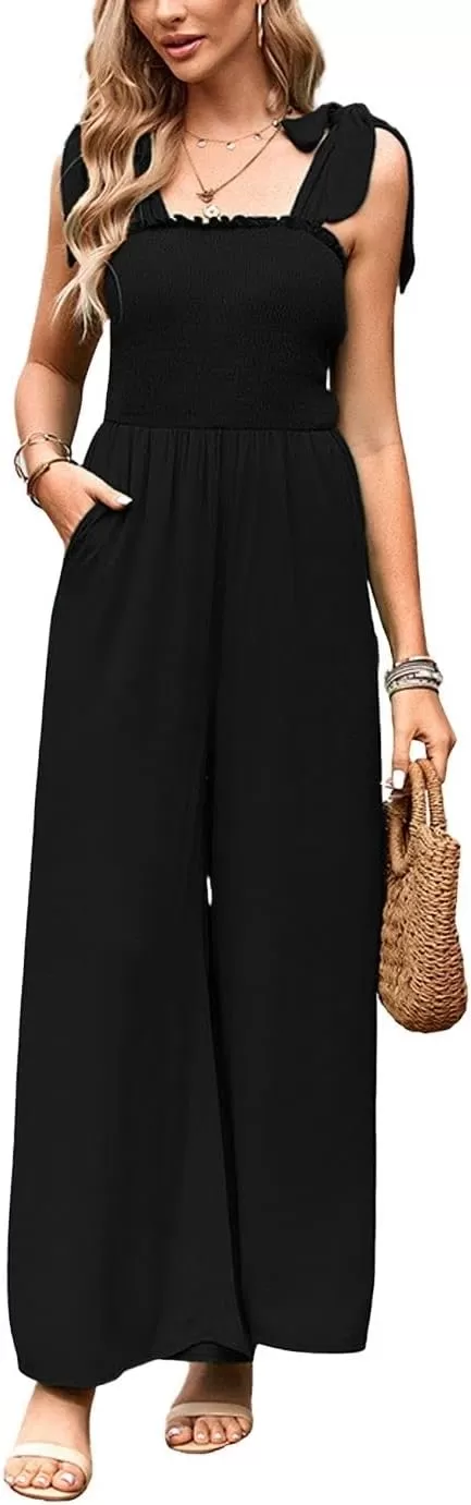 imagechouyatou Womens Summer Casual Sleeveless High Waist Jumpsuits Tie Shoulder Smoked Overall RompersBlack