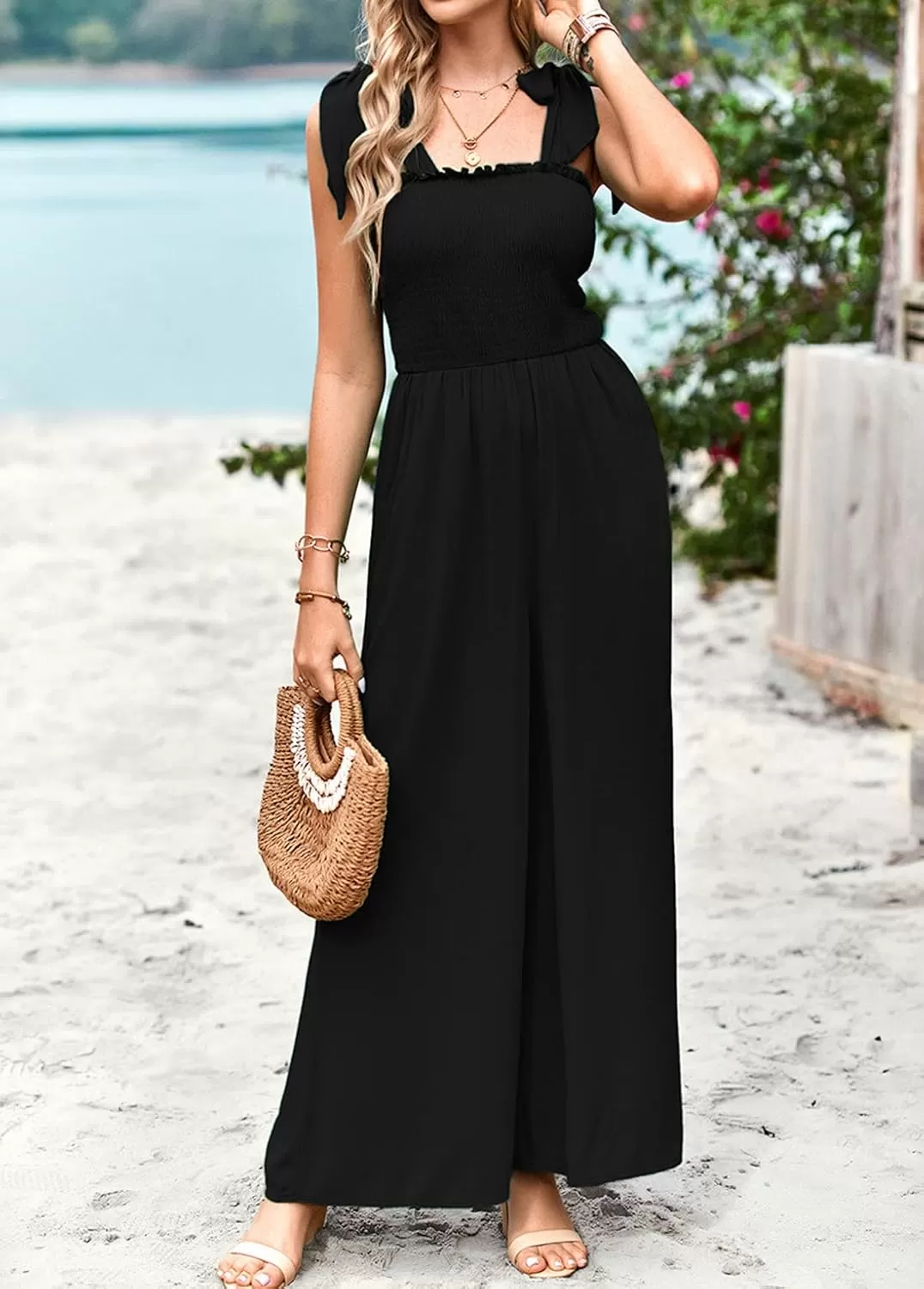 imagechouyatou Womens Summer Casual Sleeveless High Waist Jumpsuits Tie Shoulder Smoked Overall RompersBlack