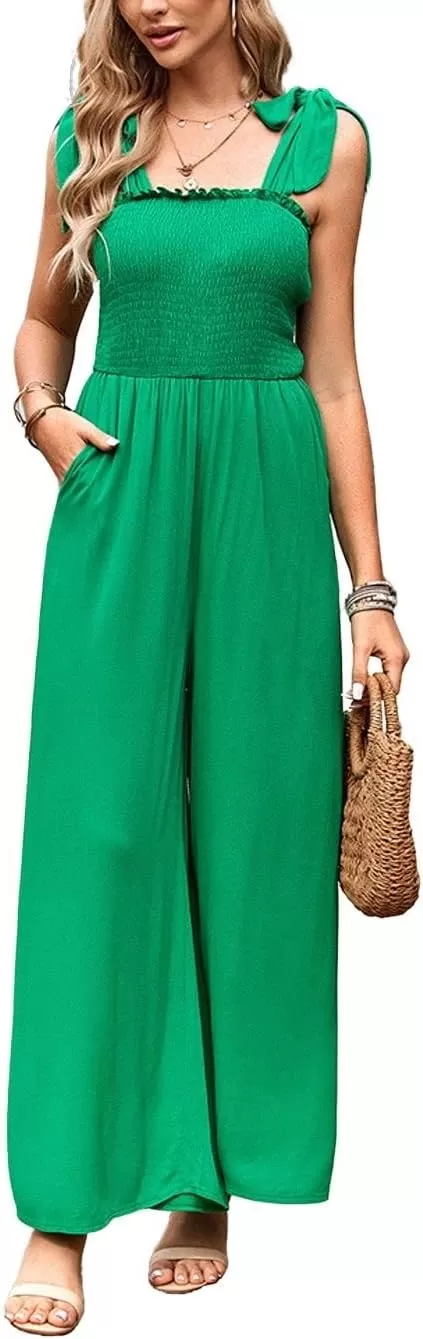 imagechouyatou Womens Summer Casual Sleeveless High Waist Jumpsuits Tie Shoulder Smoked Overall RompersGreen
