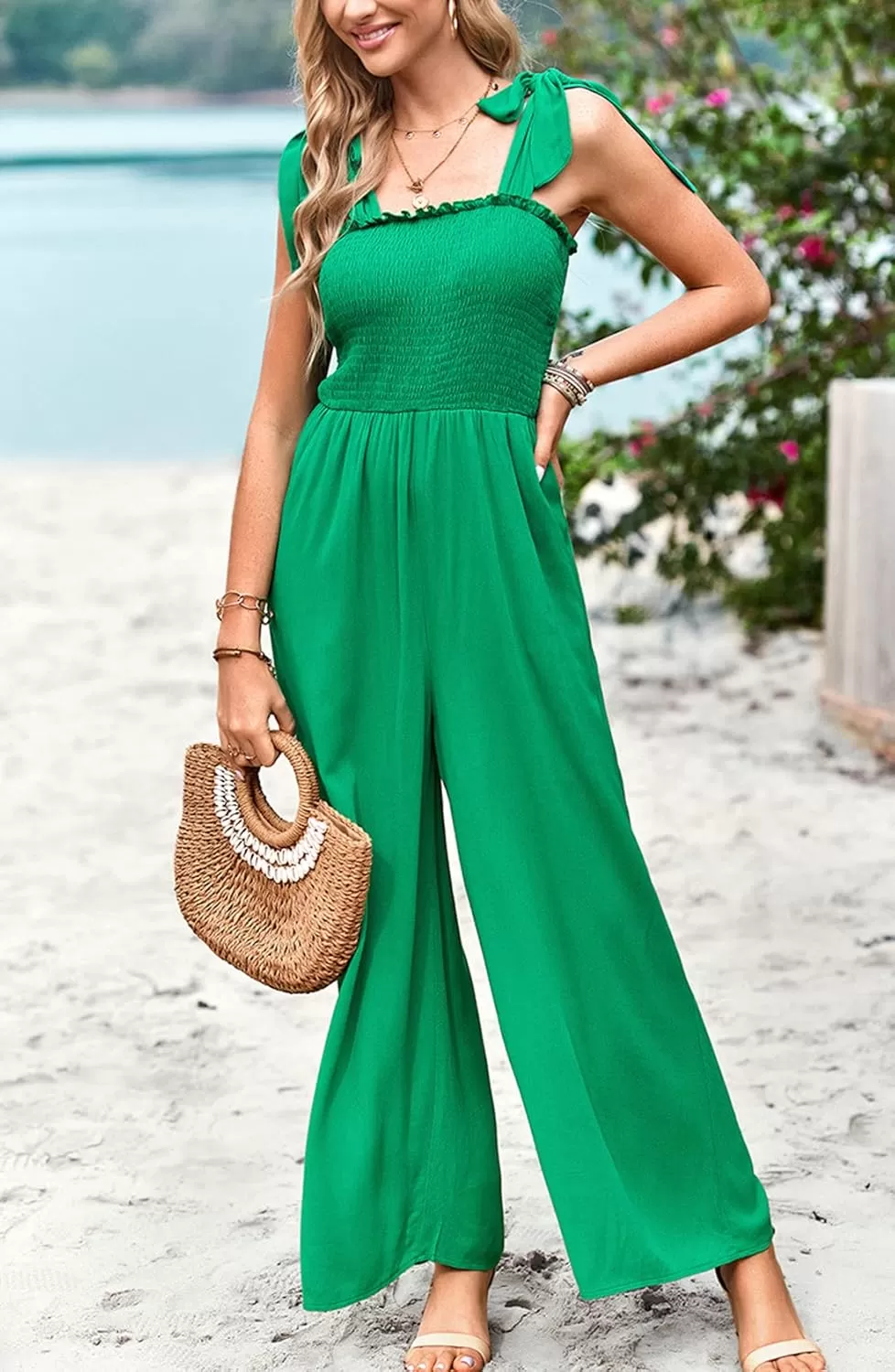 imagechouyatou Womens Summer Casual Sleeveless High Waist Jumpsuits Tie Shoulder Smoked Overall RompersGreen