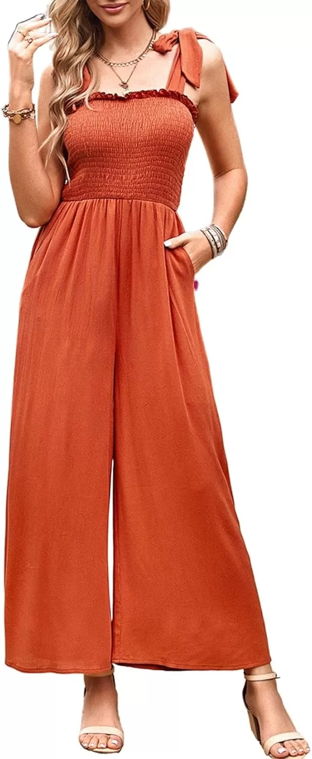 imagechouyatou Womens Summer Casual Sleeveless High Waist Jumpsuits Tie Shoulder Smoked Overall RompersOrange
