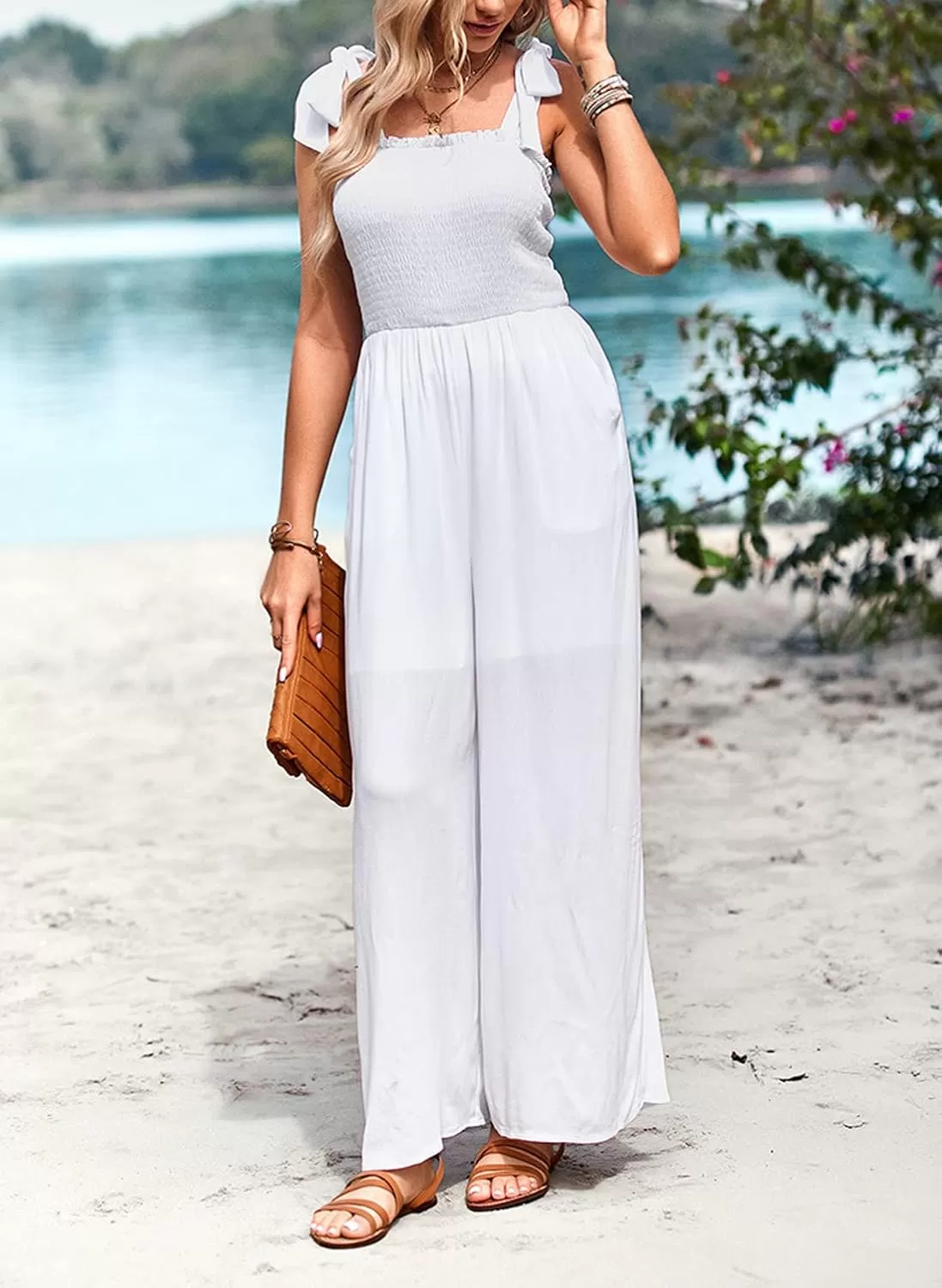 imagechouyatou Womens Summer Casual Sleeveless High Waist Jumpsuits Tie Shoulder Smoked Overall RompersWhite