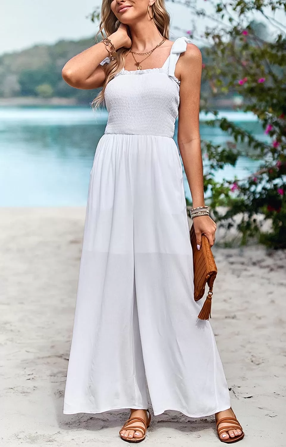 imagechouyatou Womens Summer Casual Sleeveless High Waist Jumpsuits Tie Shoulder Smoked Overall RompersWhite