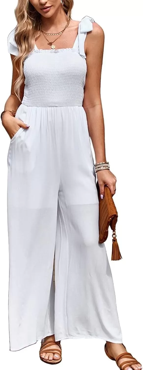 imagechouyatou Womens Summer Casual Sleeveless High Waist Jumpsuits Tie Shoulder Smoked Overall RompersWhite