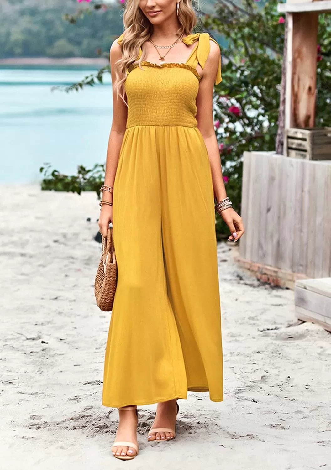 imagechouyatou Womens Summer Casual Sleeveless High Waist Jumpsuits Tie Shoulder Smoked Overall RompersYellow