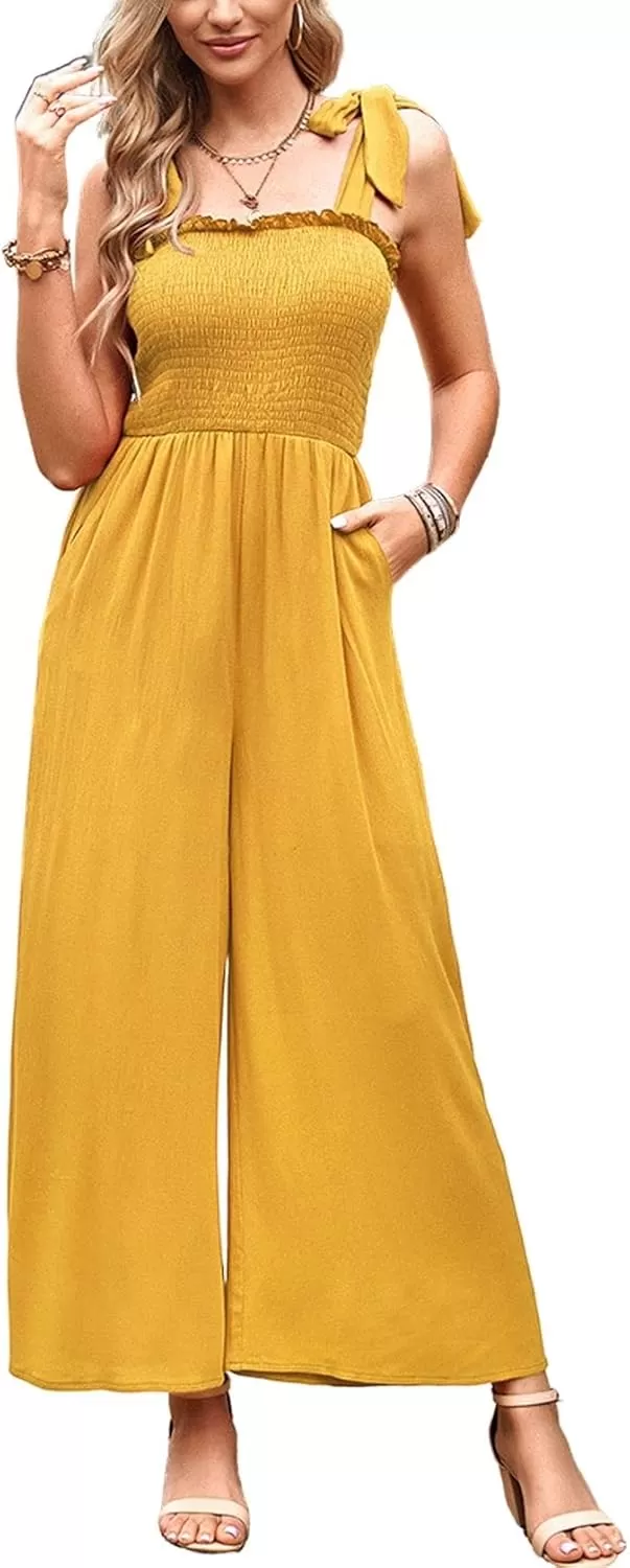 imagechouyatou Womens Summer Casual Sleeveless High Waist Jumpsuits Tie Shoulder Smoked Overall RompersYellow