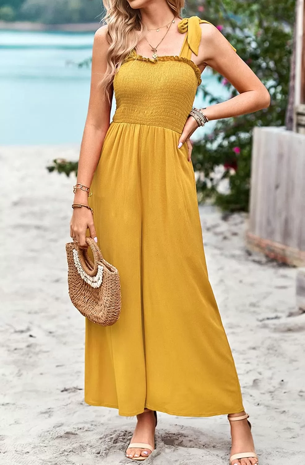 imagechouyatou Womens Summer Casual Sleeveless High Waist Jumpsuits Tie Shoulder Smoked Overall RompersYellow