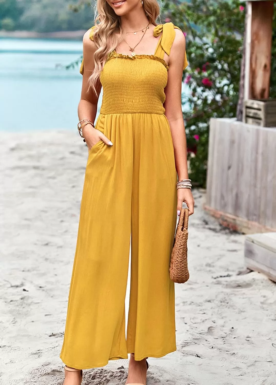imagechouyatou Womens Summer Casual Sleeveless High Waist Jumpsuits Tie Shoulder Smoked Overall RompersYellow