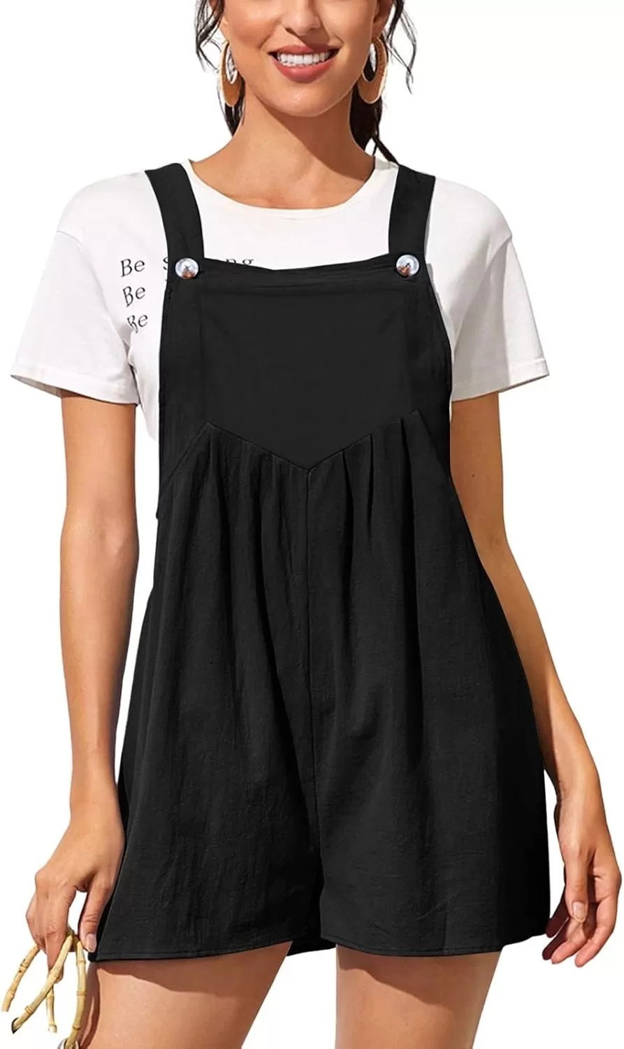 imagechouyatou Womens Summer Loose Short Linen Overalls Cute Wide Leg Rompers Casual Jumpsuits ShortsBlack