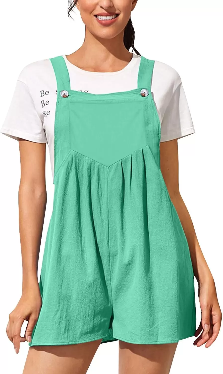 imagechouyatou Womens Summer Loose Short Linen Overalls Cute Wide Leg Rompers Casual Jumpsuits ShortsBright Green
