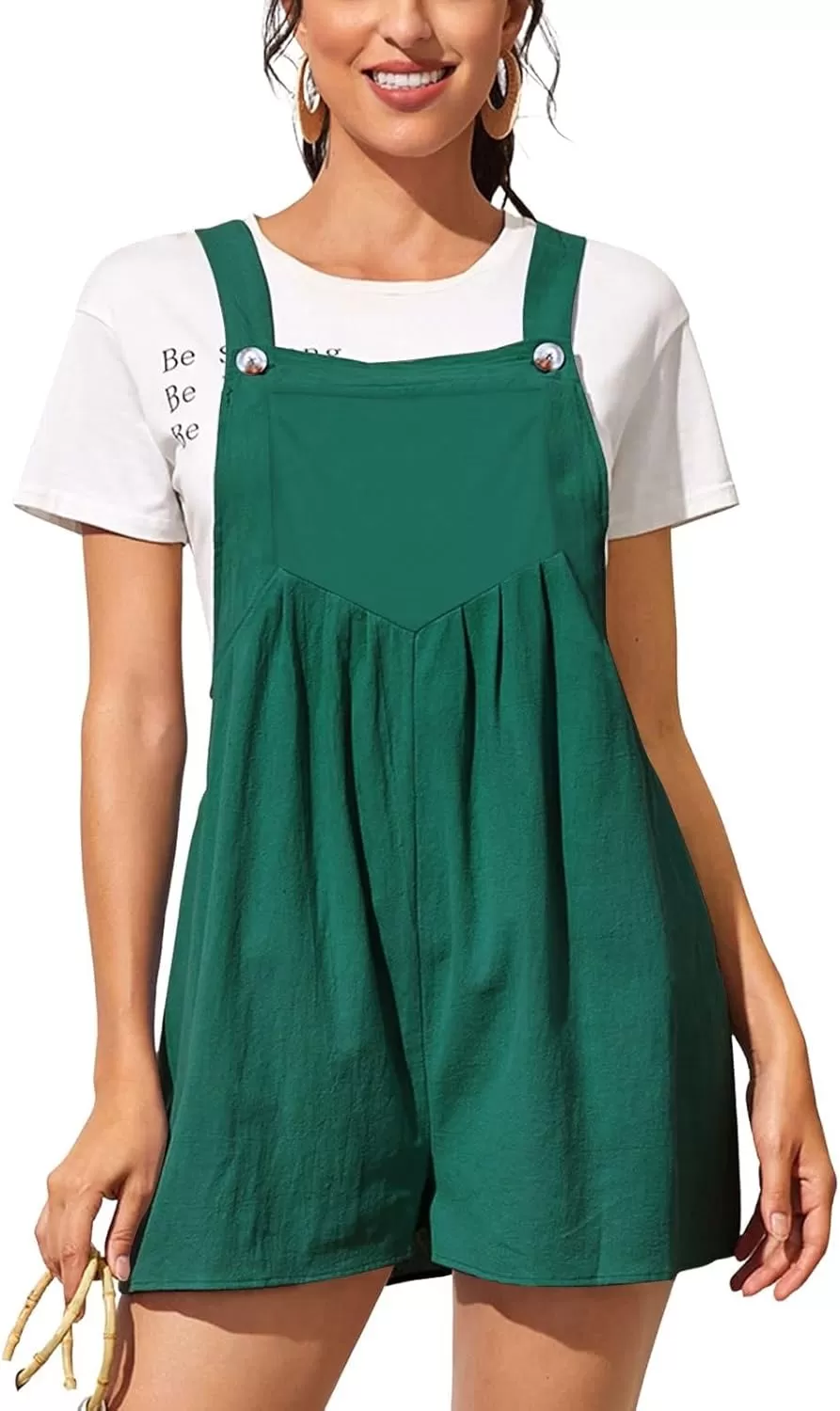 imagechouyatou Womens Summer Loose Short Linen Overalls Cute Wide Leg Rompers Casual Jumpsuits ShortsDark Green