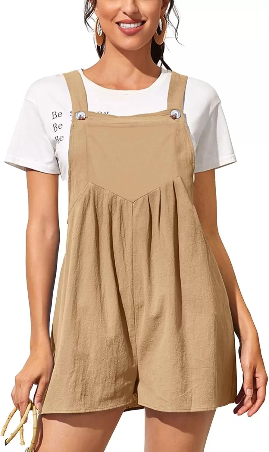 imagechouyatou Womens Summer Loose Short Linen Overalls Cute Wide Leg Rompers Casual Jumpsuits ShortsKhaki