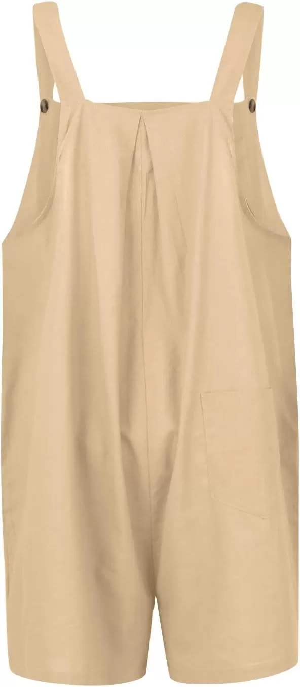 imagechouyatou Womens Summer Loose Short Linen Overalls Cute Wide Leg Rompers Casual Jumpsuits ShortsKhaki