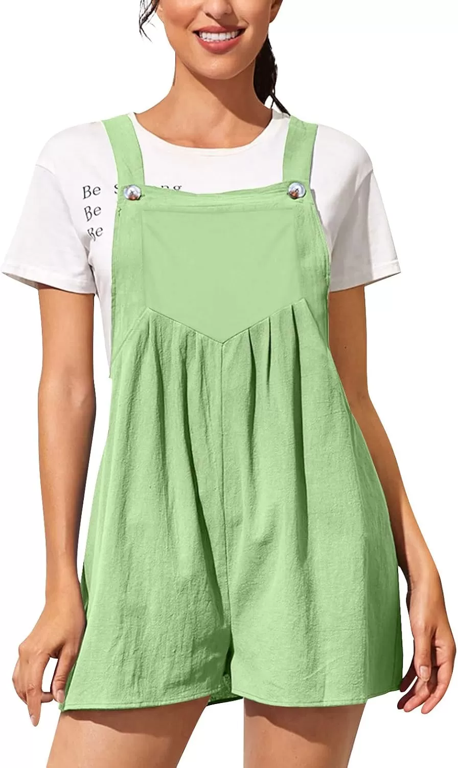 imagechouyatou Womens Summer Loose Short Linen Overalls Cute Wide Leg Rompers Casual Jumpsuits ShortsLight Green